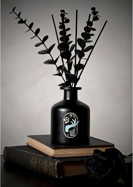 Black vase with decorative plant on top of books against a gray background