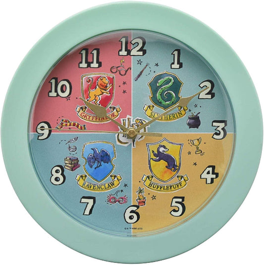 Round clock with Harry Potter-themed designs on a light blue background