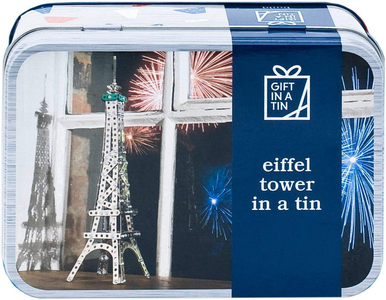 Eiffel Tower model in a tin with fireworks display on the packaging