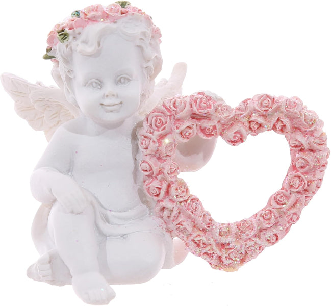 Ceramic angel figurine with a pink rose heart on a white background
