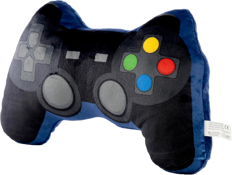 Plush toy shaped like a video game controller with blue and black colors.