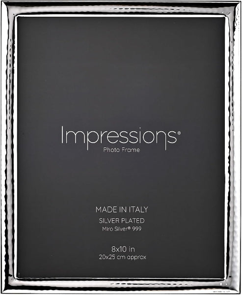 A silver-plated Impressions photo frame with a textured border, shown empty against a dark gray background. White text in the center reads 'Impressions Photo Frame' with additional product details below.