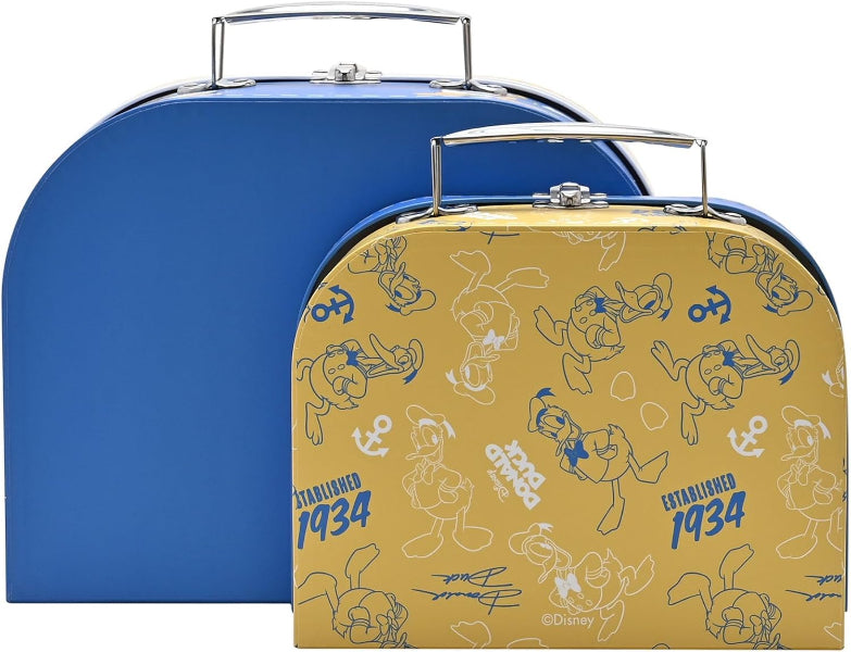 Two suitcases, one blue and one yellow with cartoon character pattern, on a white background.