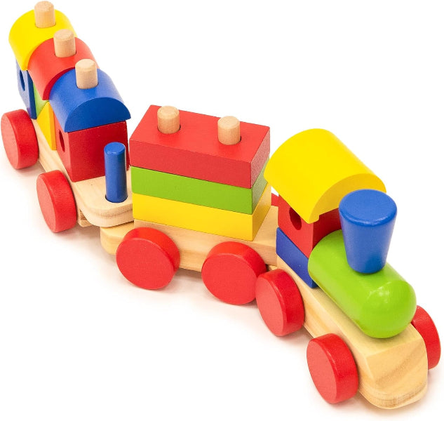 Colorful wooden toy train with block-like cars on a white background
