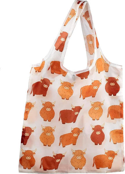 Reusable shopping bag with cow pattern on a white background