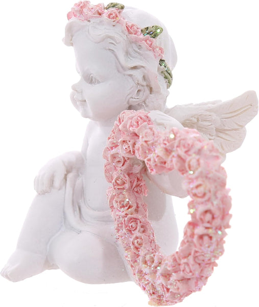 Ceramic angel figurine with floral wreath and headband on a white background