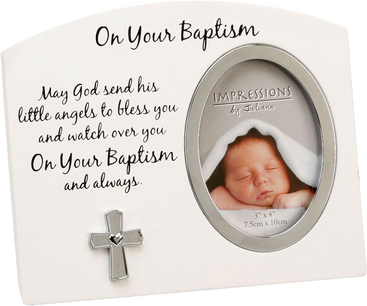 Baptism photo frame with baby picture and cross decoration