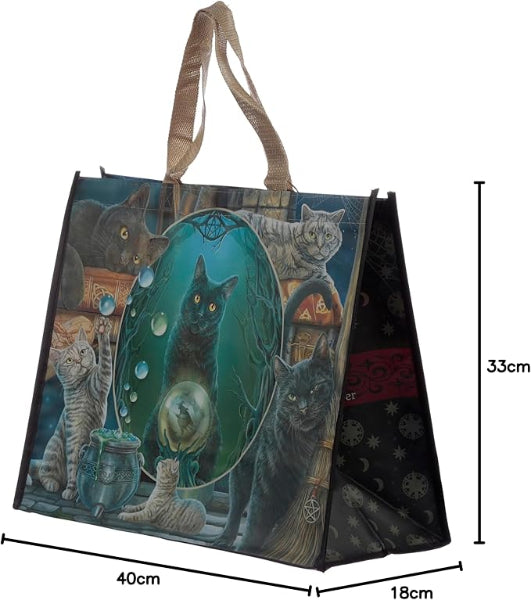 Tote bag with cat-themed design and measurements on a white background