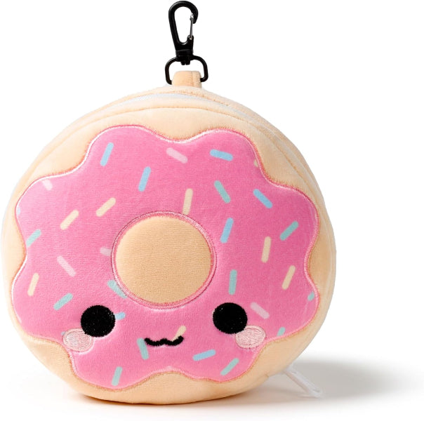 Plush donut toy with pink icing and black eyes on a white background