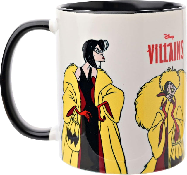 A white ceramic mug with a black handle and black interior, featuring Disney Villains character artwork in yellow, red, and black on the side.