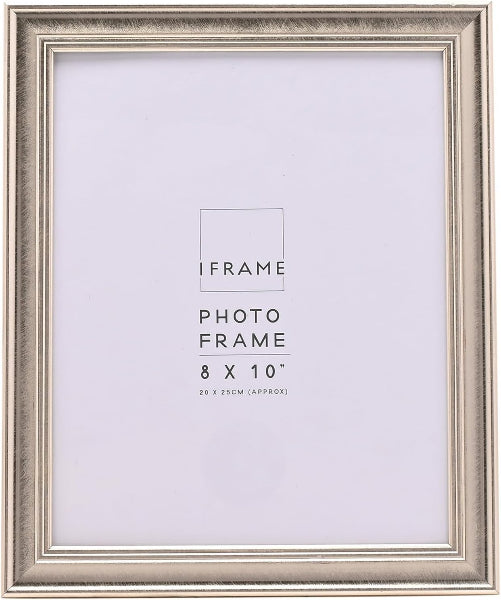 An 8x10 inch picture frame with a textured silver-toned metallic finish, shown empty with a white mat board displaying the brand 'IFRAME'.