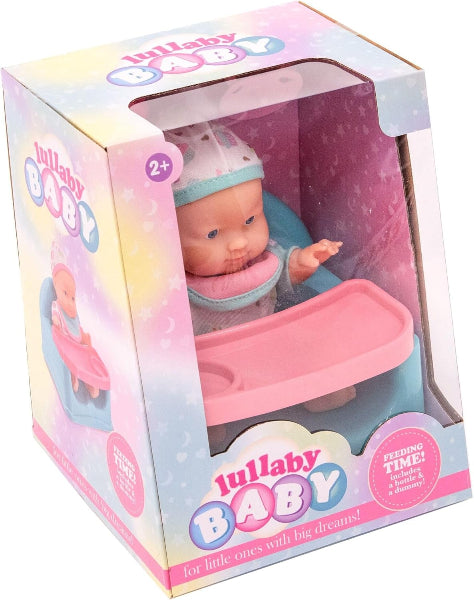 Lullaby Baby doll in a high chair with packaging