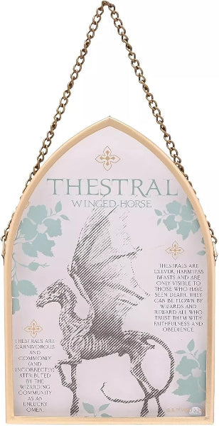 Decorative sign with a thestral illustration and text on a white background