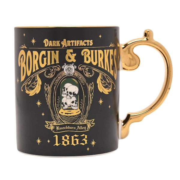 Black mug with gold text and design featuring 'Borgin & Burkes' on a white background