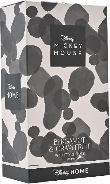 Disney Home Mickey Mouse Bergamot & Grapefruit Scented Diffuser box, featuring a black and gray abstract pattern on a white background.