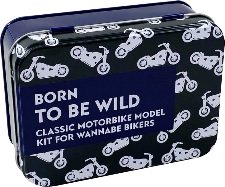 Model kit packaging with 'Born to be Wild' text and motorcycle illustrations on a blue background