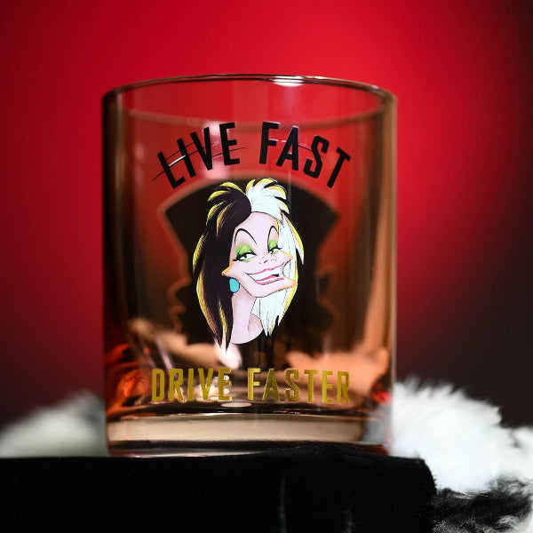 Glass with a cartoon character and text 'Live Fast, Drive Faster' on a red background