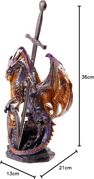 Dragon sculpture with a sword, showing measurements on a white background