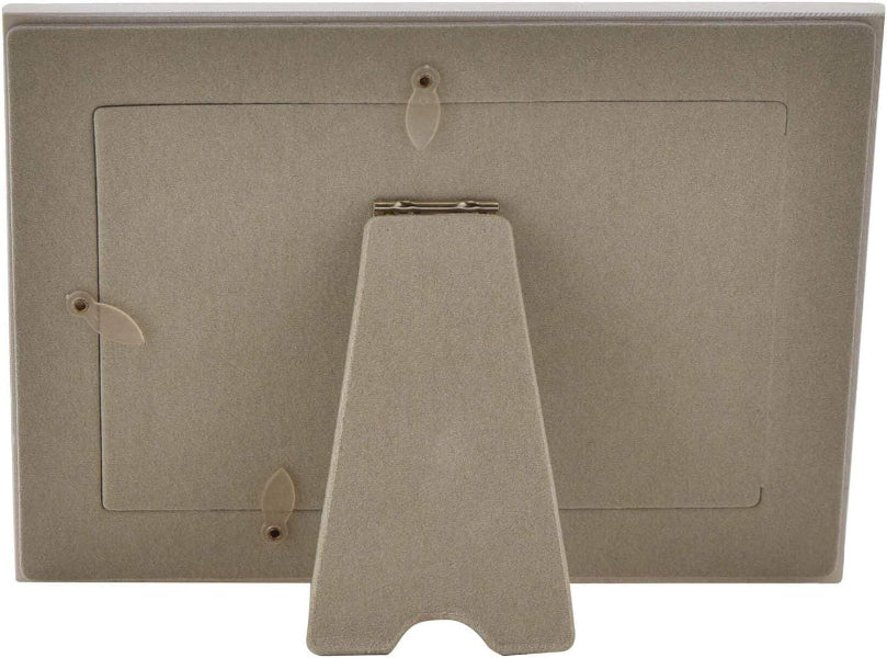 Beige picture frame with stand on a white background