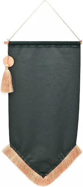 Dark green banner with beige tassels and trim hanging on a white background