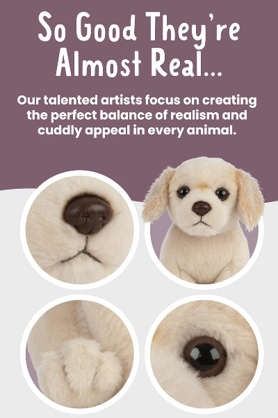 Stuffed dog toy with close-up details on a purple background, text about artist focus on realism and cuddly appeal.