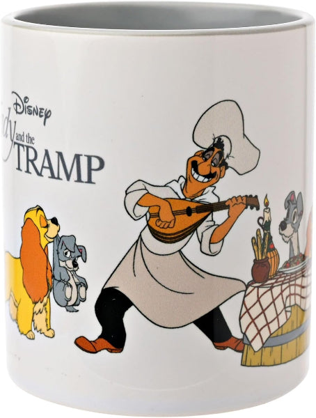 Mug featuring cartoon characters from 'Cinderella and the Tramp' with a chef character playing a mandolin.