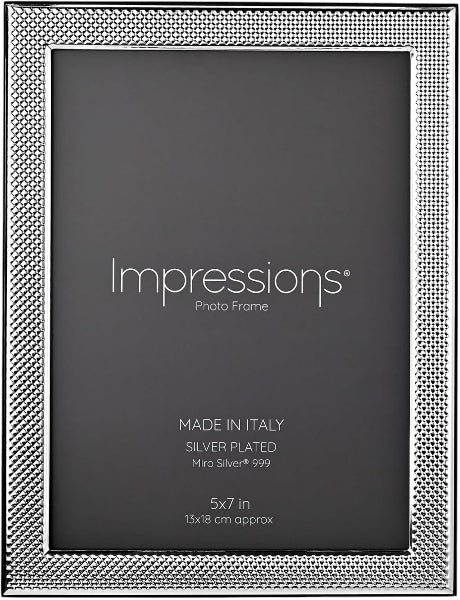 Silver-plated photo frame with 'Impressions' branding on a gray background