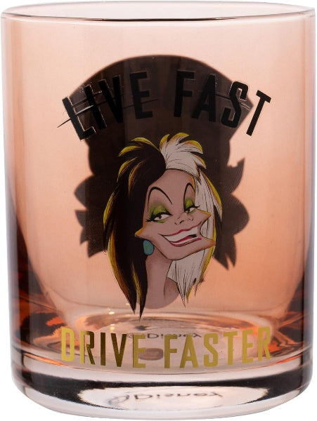 Glass tumbler with a character design and text 'Live Fast, Drive Faster' on a pink background