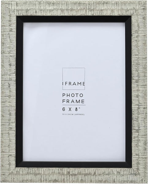A 6x8 inch photo frame with a textured light gray and white patterned border and a black inner frame, shown empty with placeholder text in the center.