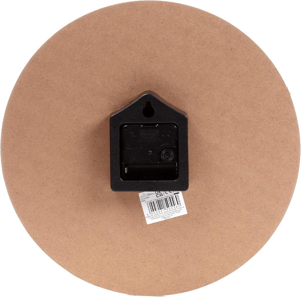 Round cardboard base with a black house-shaped object and a label on a white background