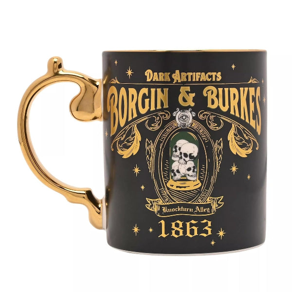 Black mug with gold handle featuring 'Borgin & Burkes' design on a white background