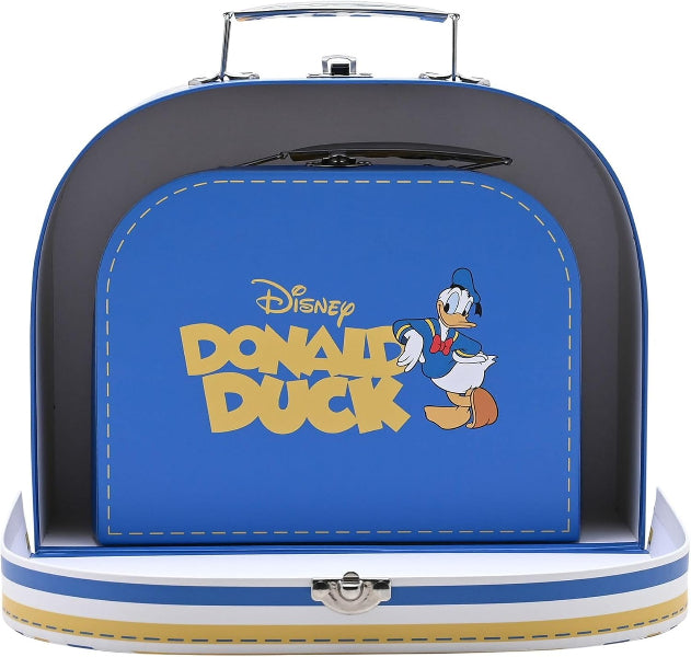 Blue suitcase with Donald Duck design on a white background