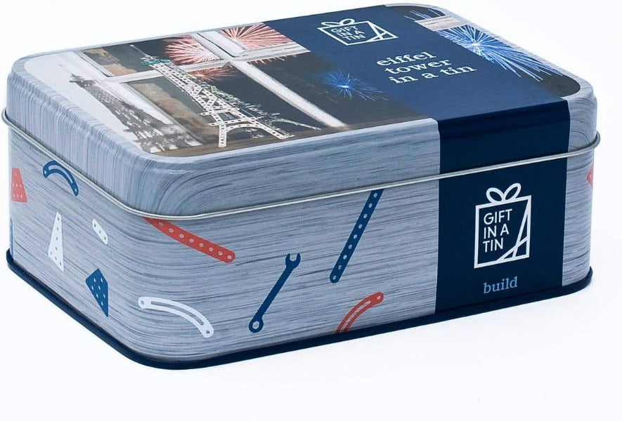 Tin box with various icons and text on a white background