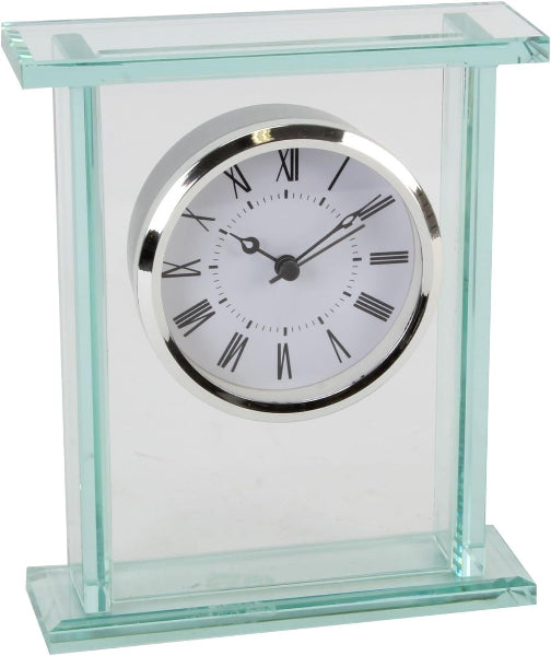 Glass clock with a white face and black hands on a white background
