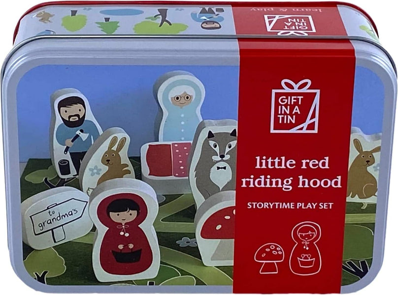Little Red Riding Hood storytime play set in a red tin box with illustrated characters and a red label reading 'Gift in a Tin'.