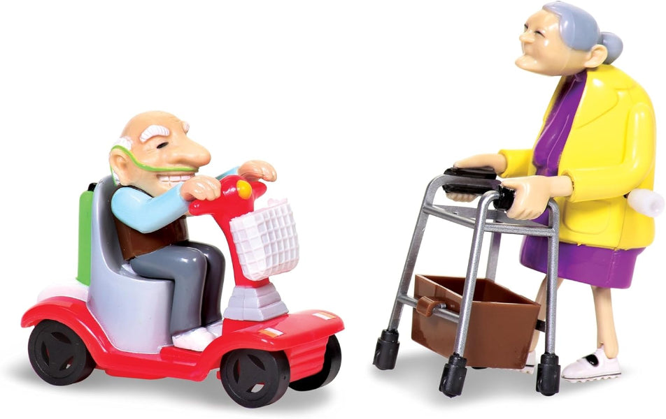 Toy figure of an elderly man on a scooter and woman with a walker on a white background