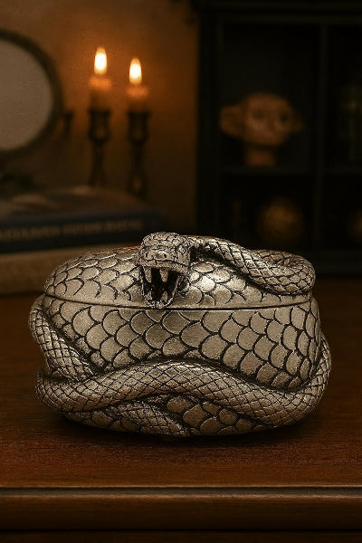 Decorative snake-shaped box with a lid on a wooden surface, with a softly blurred background.