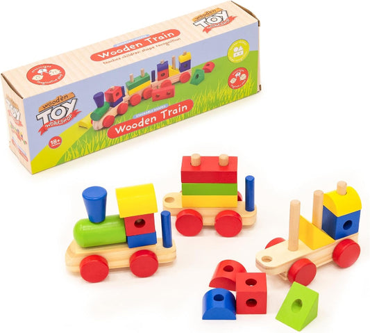 Colorful wooden train toy set with geometric shapes next to its packaging on a white background