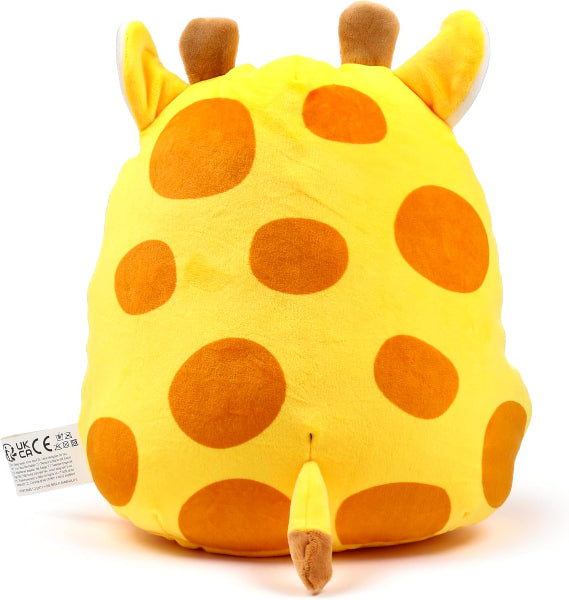 Plush giraffe toy with brown spots on a white background