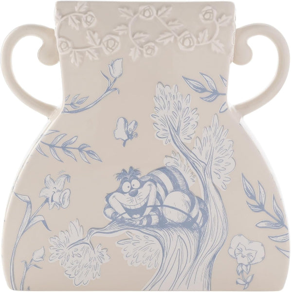 Decorative vase with blue floral and animal design on a beige background