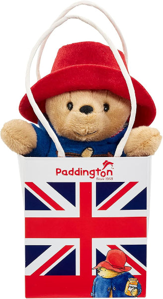 Paddington bear plush toy in a bag with Union Jack design