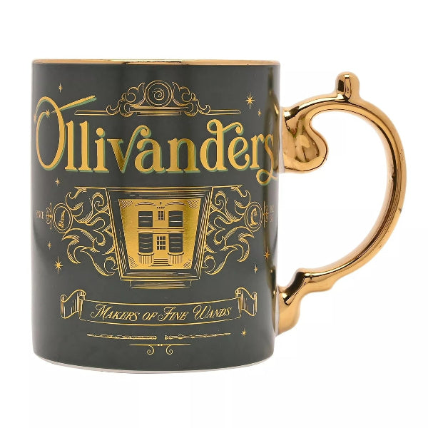 Black mug with gold 'Ollivanders' branding on a white background
