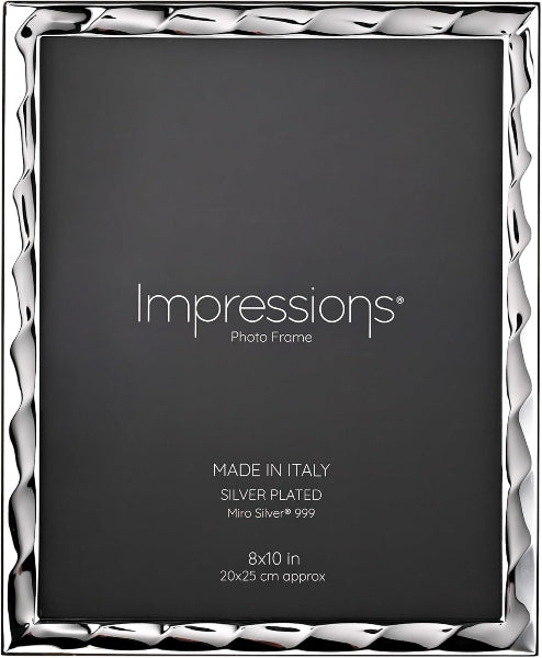 Silver photo frame with 'Impressions' branding on a black background