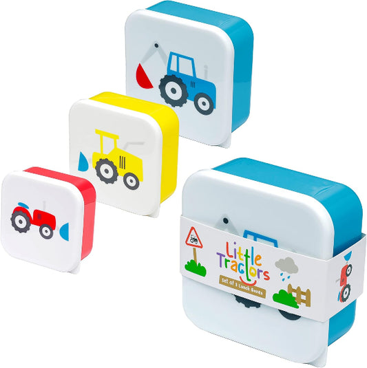 Set of four colorful lunch boxes with tractor designs on a white background