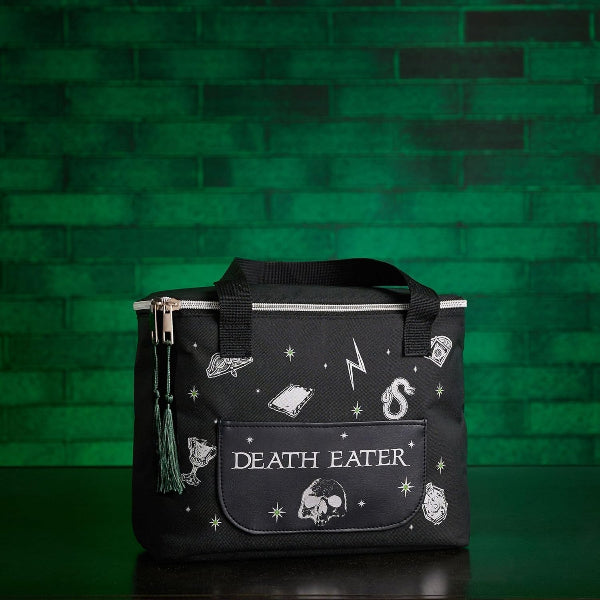 Black bag with 'Death Eater' text and symbols on a green brick wall background
