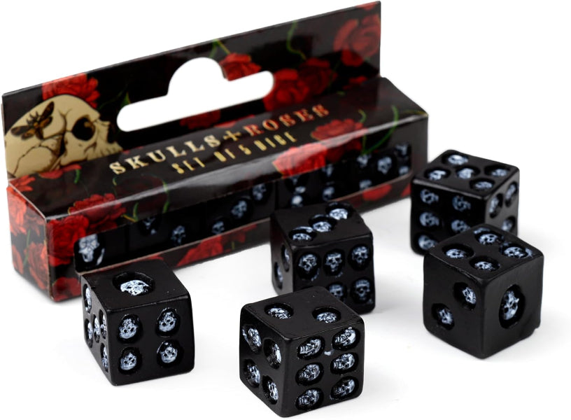 Black dice with skull design in front of a 'Skulls & Roses' branded box.