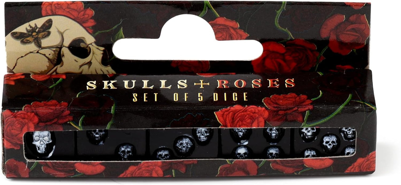 Dice set packaging with skulls and roses design on a black background