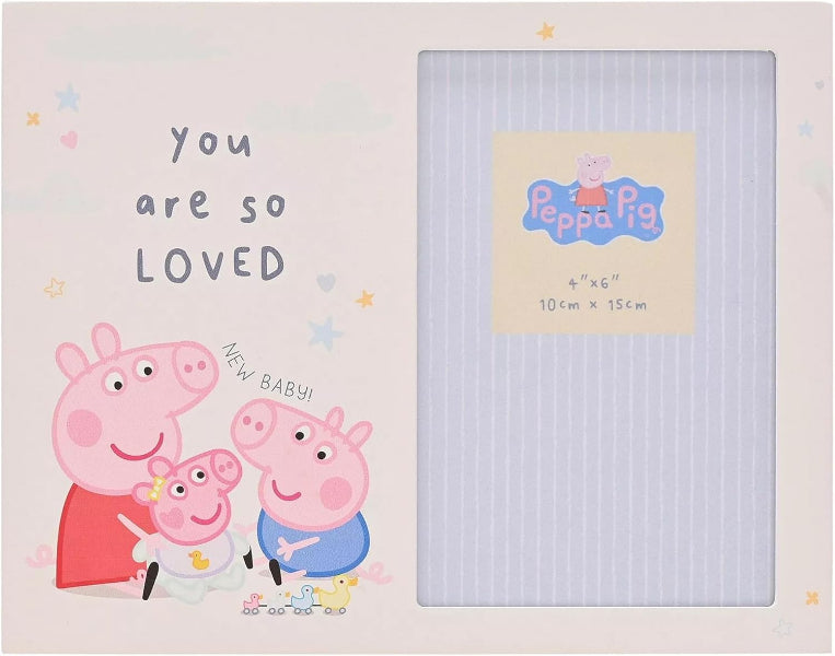 Peppa Pig-themed photo frame with family illustration and text 'You are so loved', on a light background.