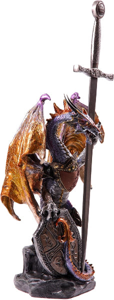Dragon figurine with a sword and shield on a white background