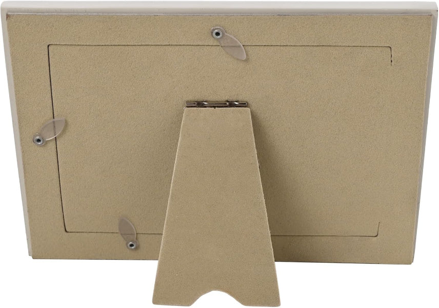The back view of a square picture frame in a textured beige finish, showing the hinged back plate, mounting screws, and integrated display stand on a white background.